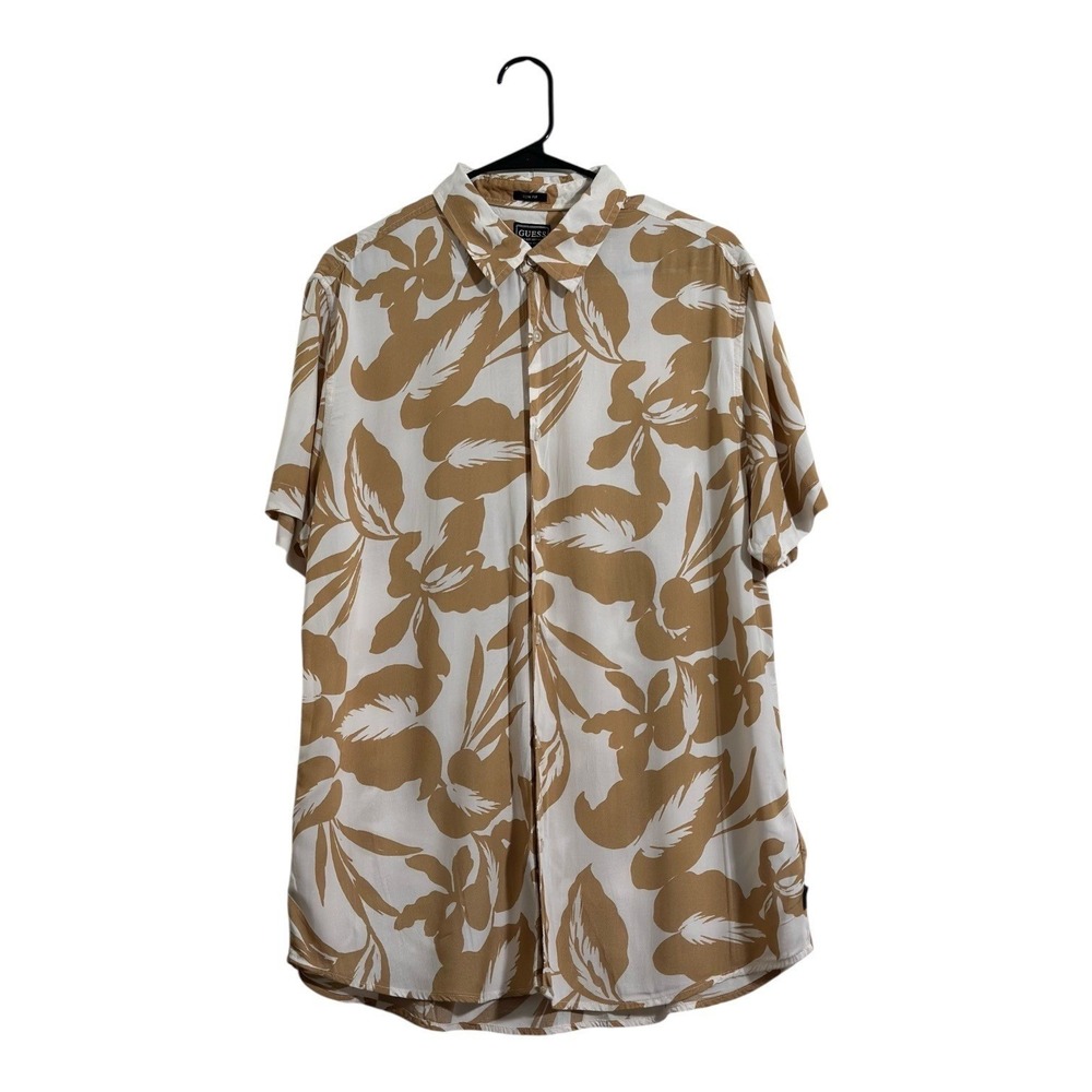 Guess Tropical Slim Fit Floral Short Sleeve Button Down Shirt Tan White Men's L‎